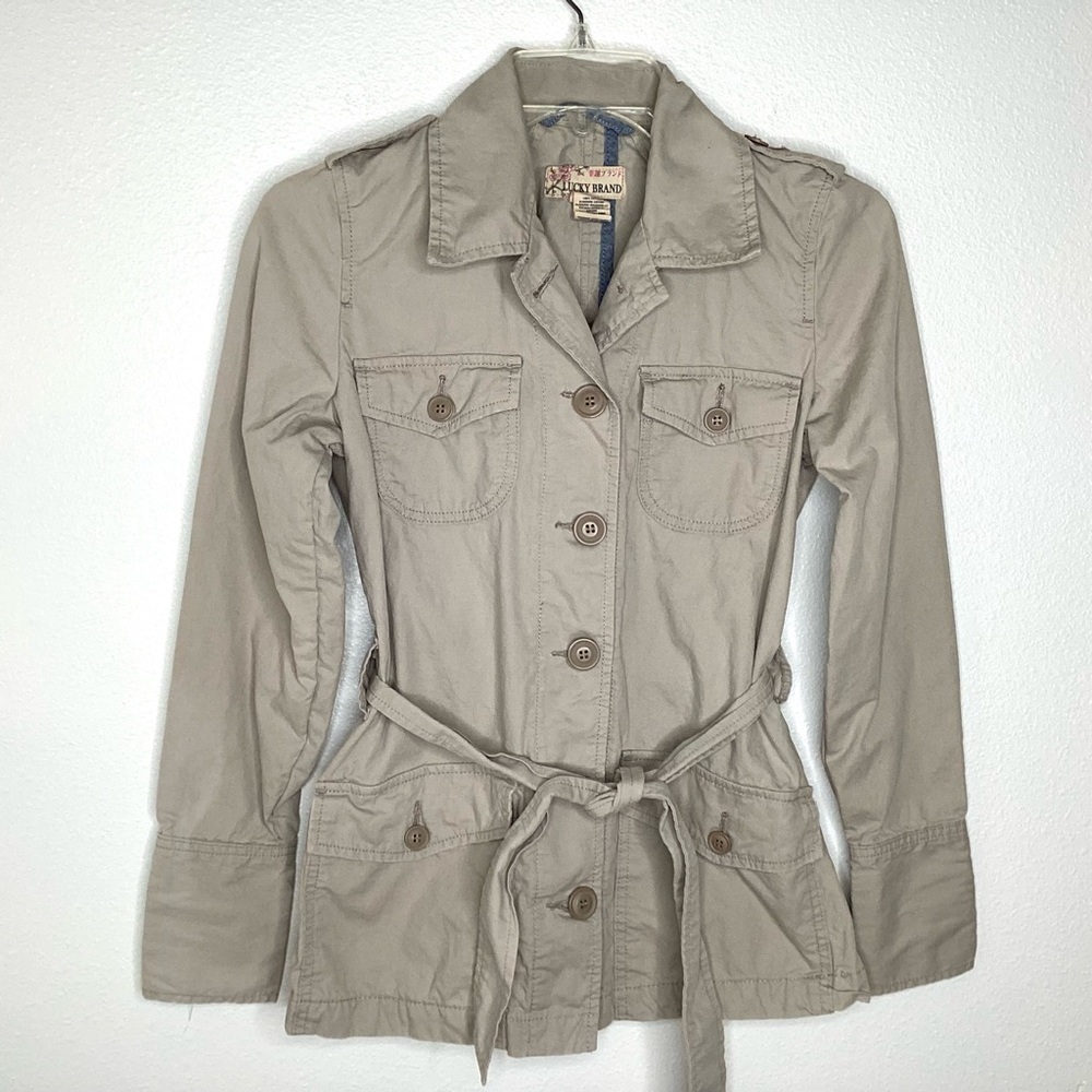 Lucky Brand Jacket‎ Women's Sz XS Green Khaki Belted Military Safari 100% Cotton